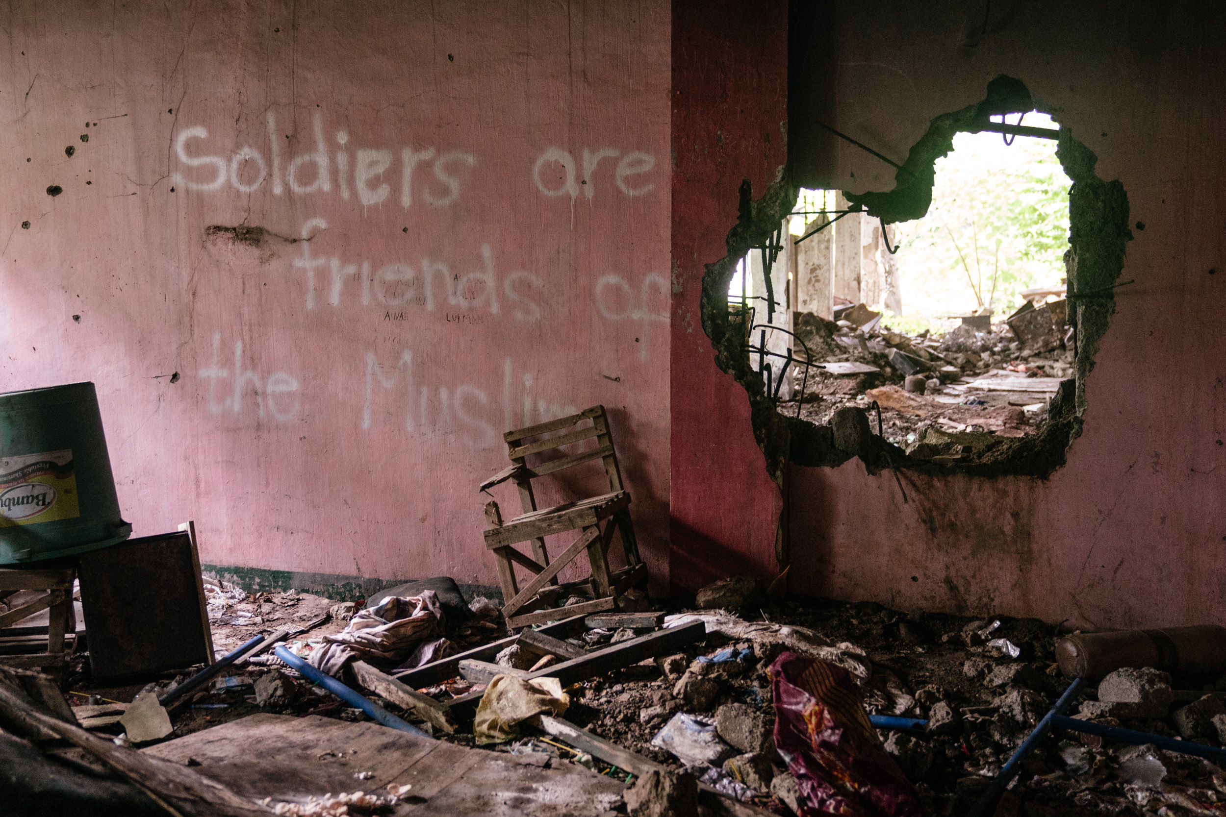  A former classroom is seen in the main battle area of Marawi, still damaged more than a year since the Philippine military declared the Muslim-majority city of Marawi “liberated” from ISIS-linked militants. But the ravaged city is still waiting for 