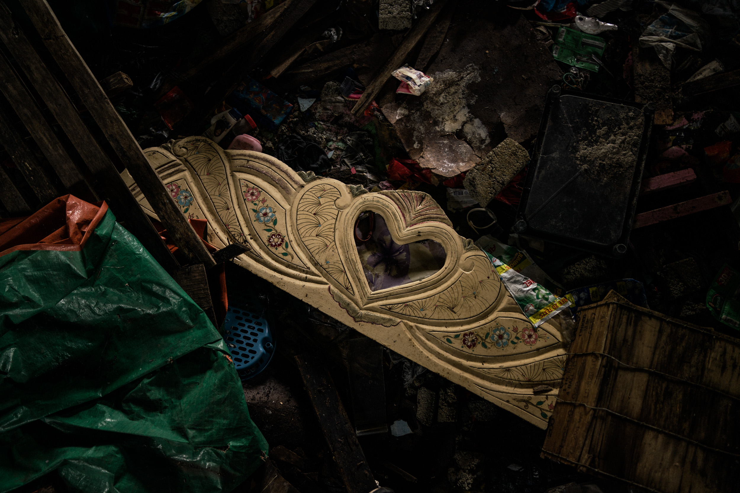  A headboard of a bed is seen in the rubble of the main battle area of the Marawi siege.  