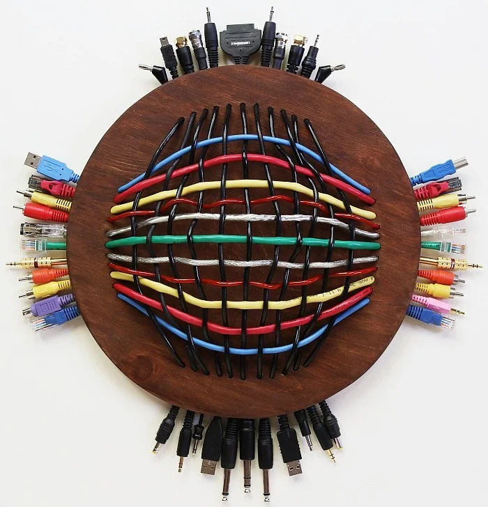 RENDEZVOUS 2013 ~ 16x16.5x2.25 inches ~ Available Cables, acrylic paint, wood from old shelving in a house that was about to be demolished
