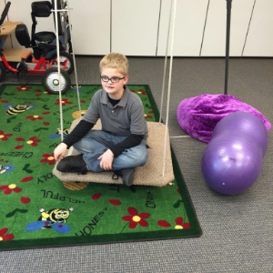 The platform swing is mainly for calming. It can be taken off and the taco swing put on which envelopes the student as they swing.