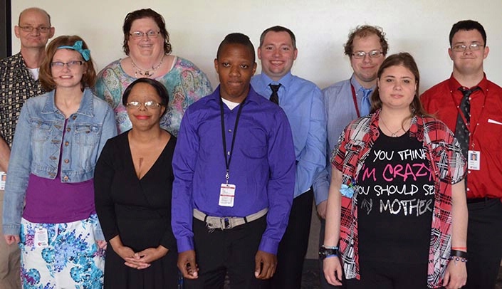 Project SEARCH graduates, include from left, back: Michael Lentz, Cheryl Lux, Vincent Lewis, Matt Mulligan, Blake Hodgen; from left, front: Ann Marie Joyce, Schala McGee, Juwan Mountain, Michele Hagan.