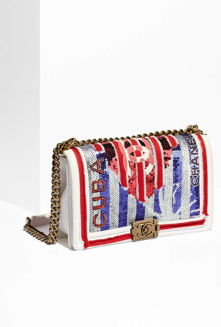 Boy Chanel Flap Bag Canvas, Sequins & Gold Metal White, Blue & Red 6.9 X 11 X 3 IN (CM) US$5,500.00