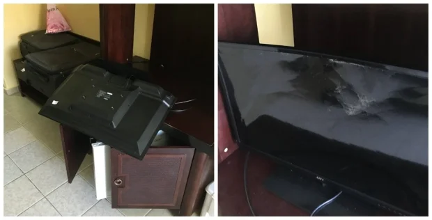 Lukis says he accidentally grabbed the TV when he was leaning to get something out of the mini fridge. He accepted responsibility for the damage and was charged more than $5,000 CAD.(Submitted by Dan Lukis)