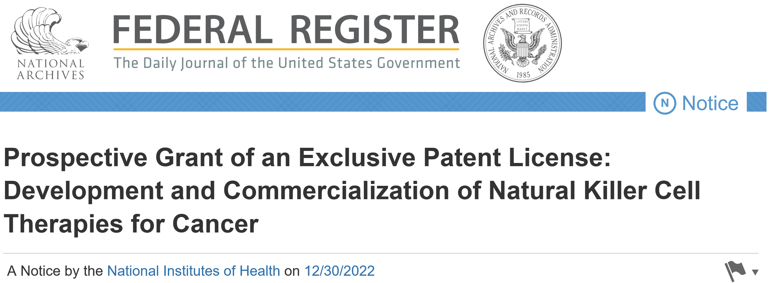 Screenshot 2022-12-30 at 11-33-02 Prospective Grant of an Exclusive Patent License Development and Commercialization of Natural Killer Cell Therapies for Cancer.png