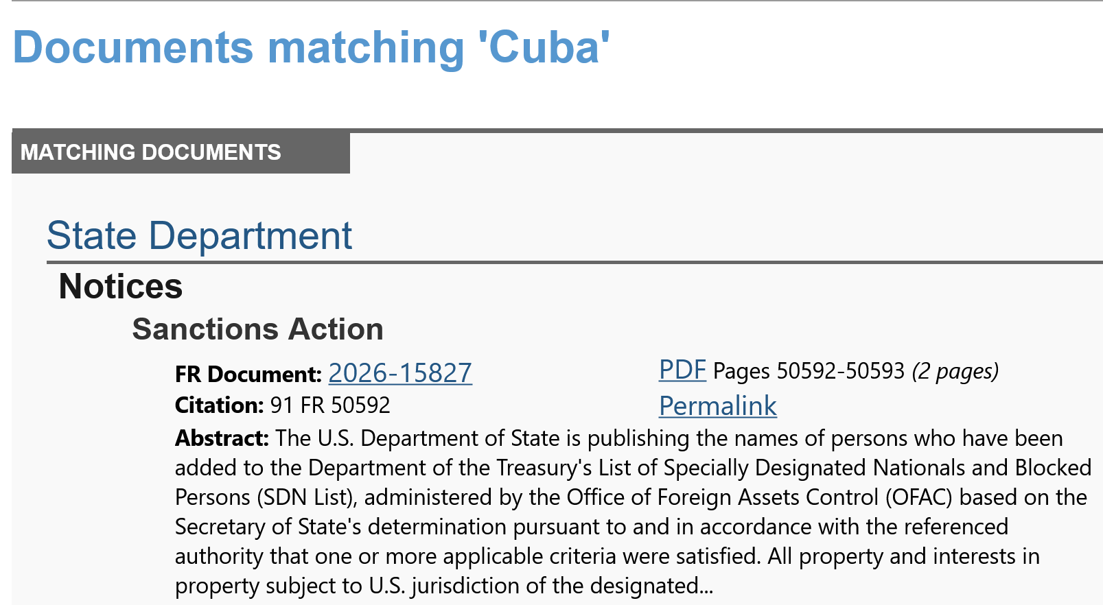 Federal Register Publishes Cuba Nationals Added To SDN And Blockets Persons List