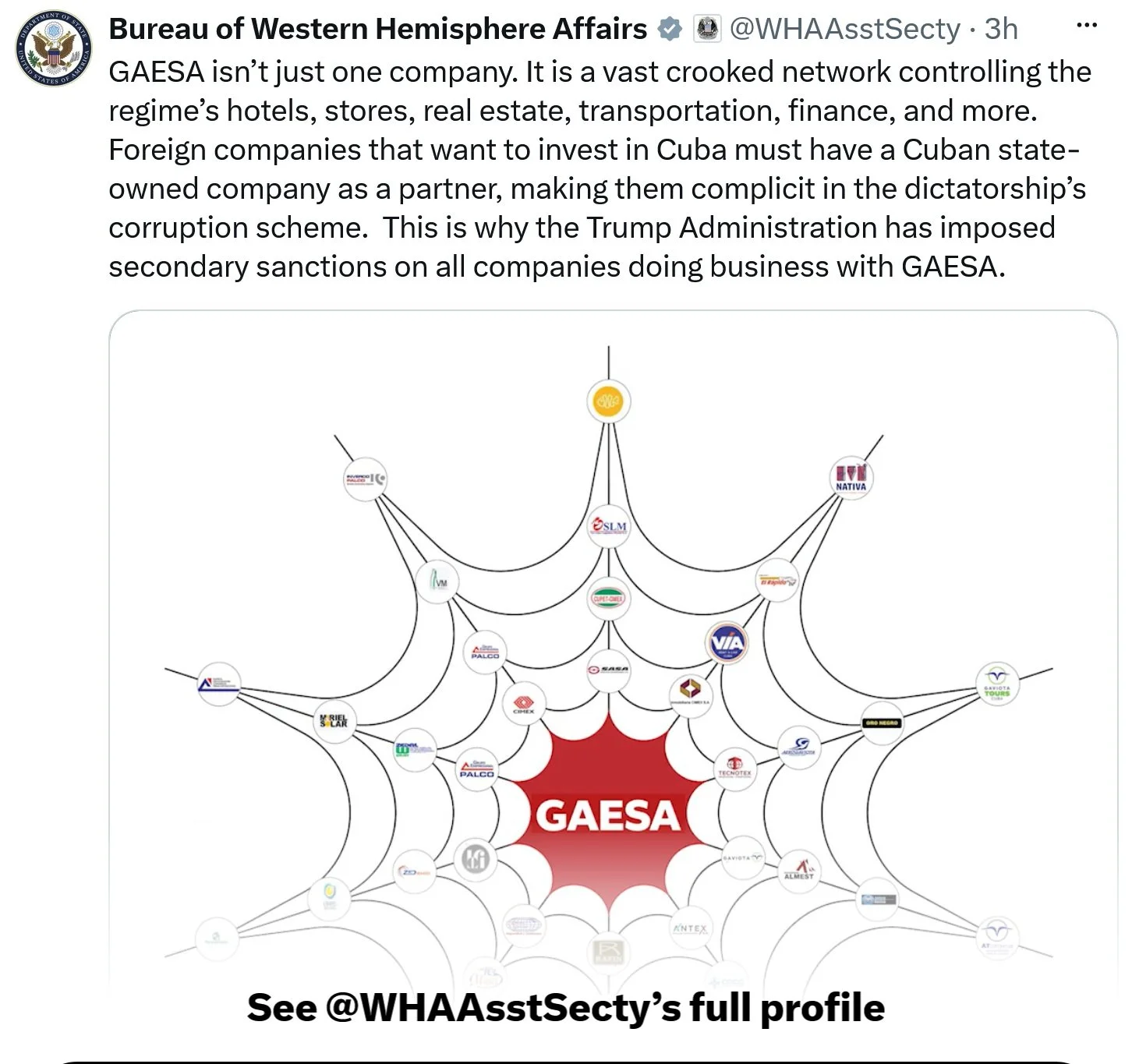 Using X, United States Department Of State Warns About Engaging With Cuba's GAESA