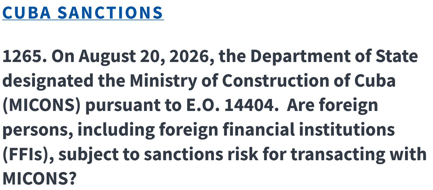 Added To SDN List: Cuba Ministry Of Construction (MINCONS).