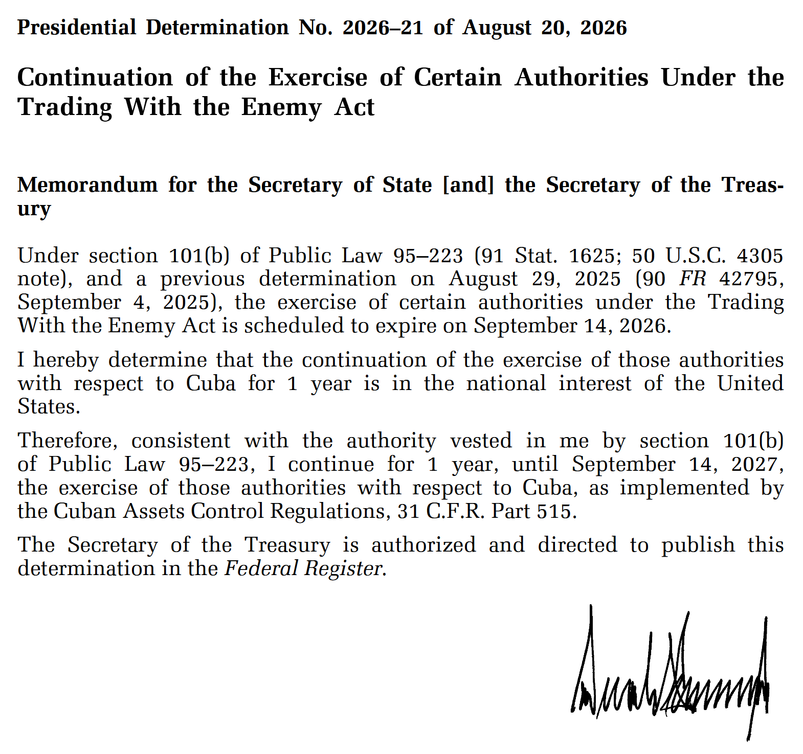 President Trump Continues Trading With The Enemy Act Provisions Relating To Cuba