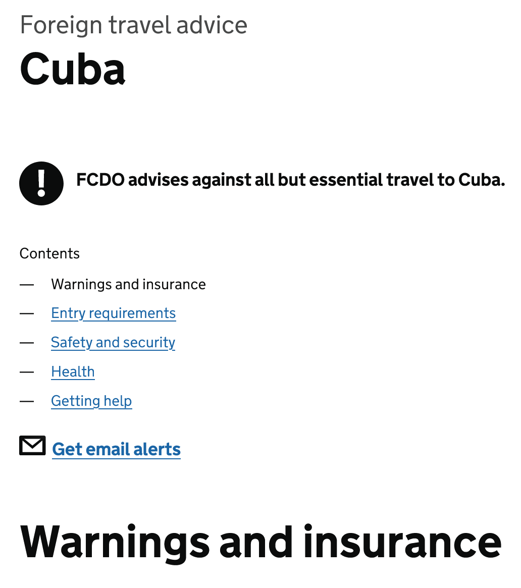 Today: United Kingdom's FCDO "advises against all but essential travel to Cuba"