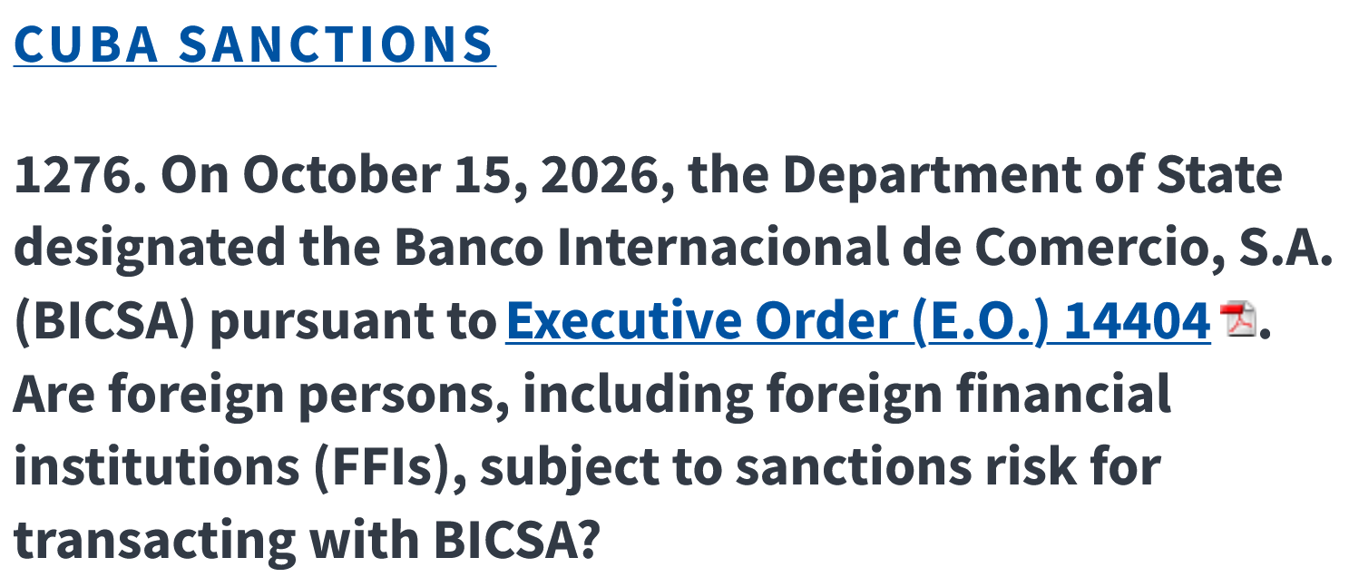 BICSA In Cuba Sanctioned- Obama Administration Permitted U.S. Bank To Have Correspondent Account With BICSA.