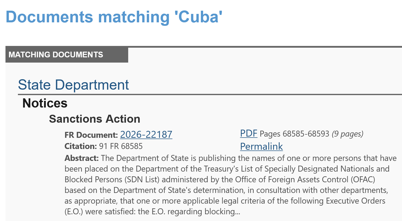 Federal Register Publishes Cuba-Related Actions Sanctioning Cuba Companies And Cubans