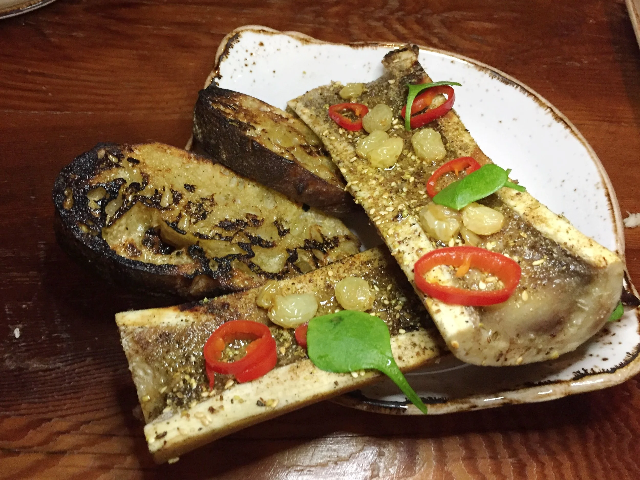 Bone Marrow&nbsp;I Pickled raisins, fresno, dukkah, and grilled bread.&nbsp;