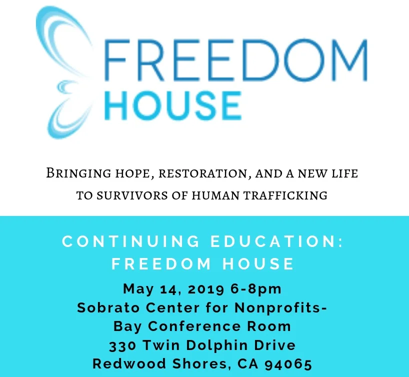 CALLING ALL CASA’S: Need continuing education hours? Join us next Tuesday to learn about Freedom House. Freedom House is a non-profit organization with a mission to bring hope, restoration, and a new life to survivors of human trafficking by providing a safe home and long-term aftercare. #CASAofSanMateoCounty #Advocate #FreedomHouse #ContinuingEducation
