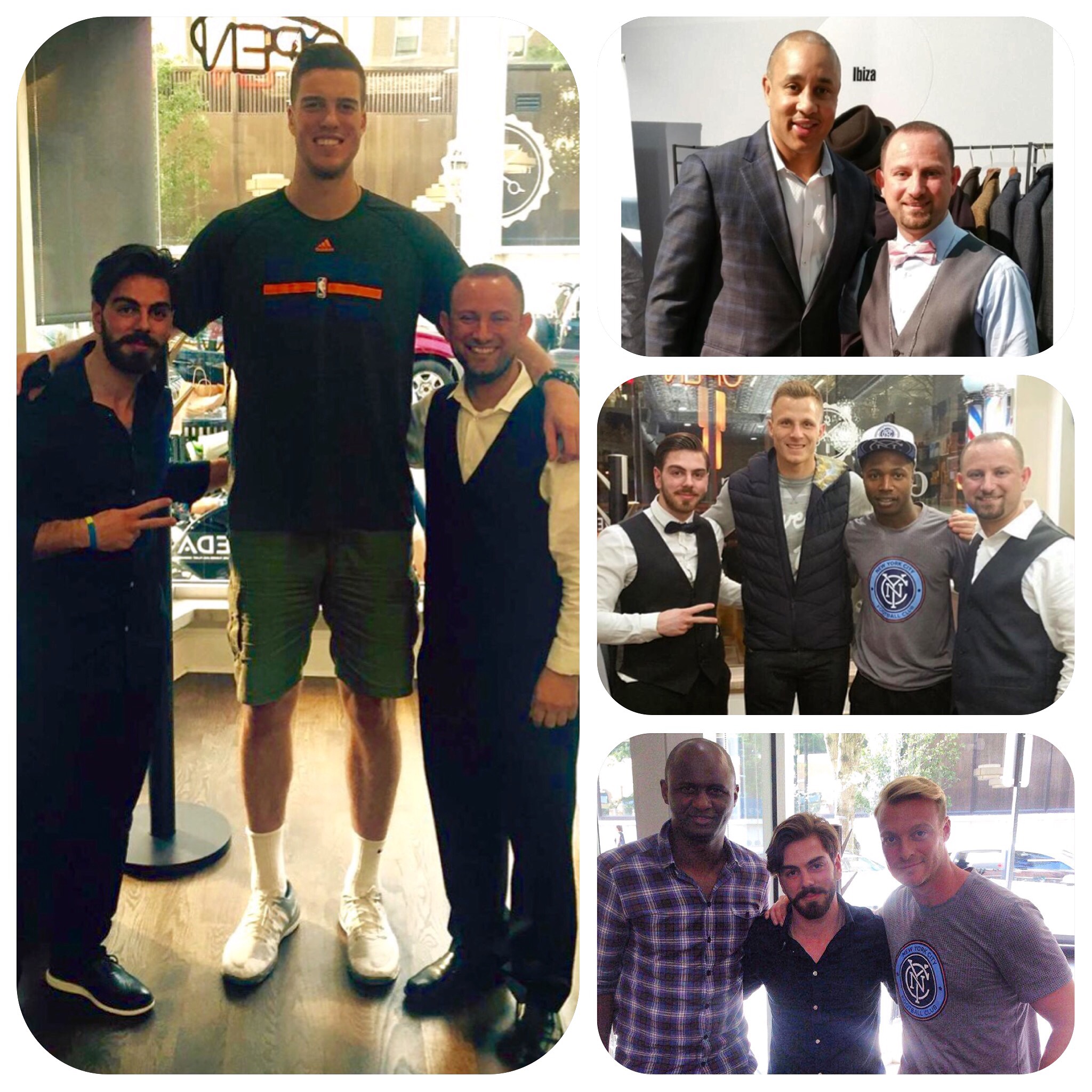 A collection of Knicks and NYCFC current and former players and coaches with the Master Barbers of Gentleman's Barber Spa 
