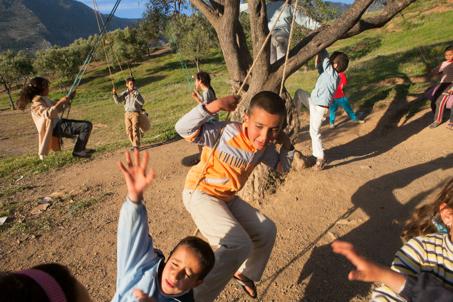 On a hillside outside Chefchaouen, Morocco, children transform a sturdy tree into a central playground that houses multiple swings and offers an area for fun. But with many kids vying for space, one child is struck by another and is flung forward.