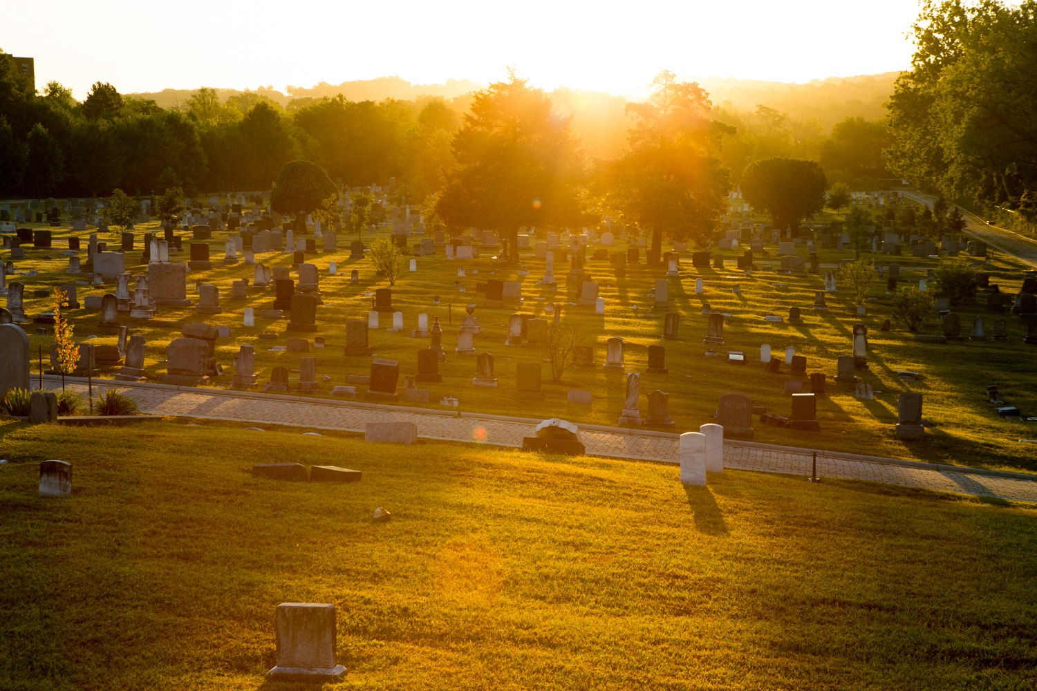 The sun rises over the eastern-most section (near Prout and Henderson Streets) of the Congressional Cemetery in Washington, D.C.