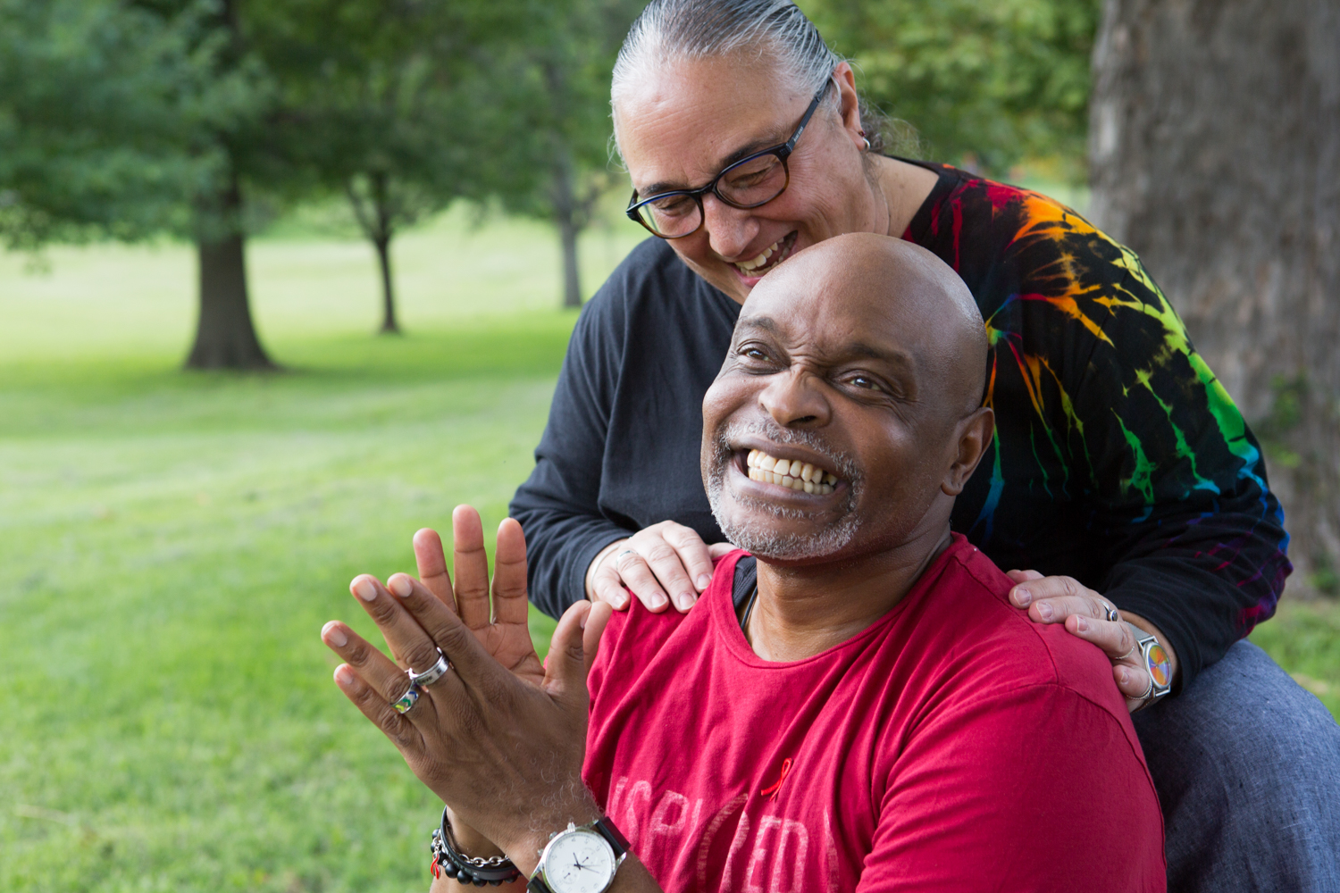  Carlton Smith (front) poses for a portrait with Monte Ephraim at Druid Hill Park in Baltimore, Maryland during a National Faith HIV &amp; AIDS Awareness Day Walk.&nbsp; 