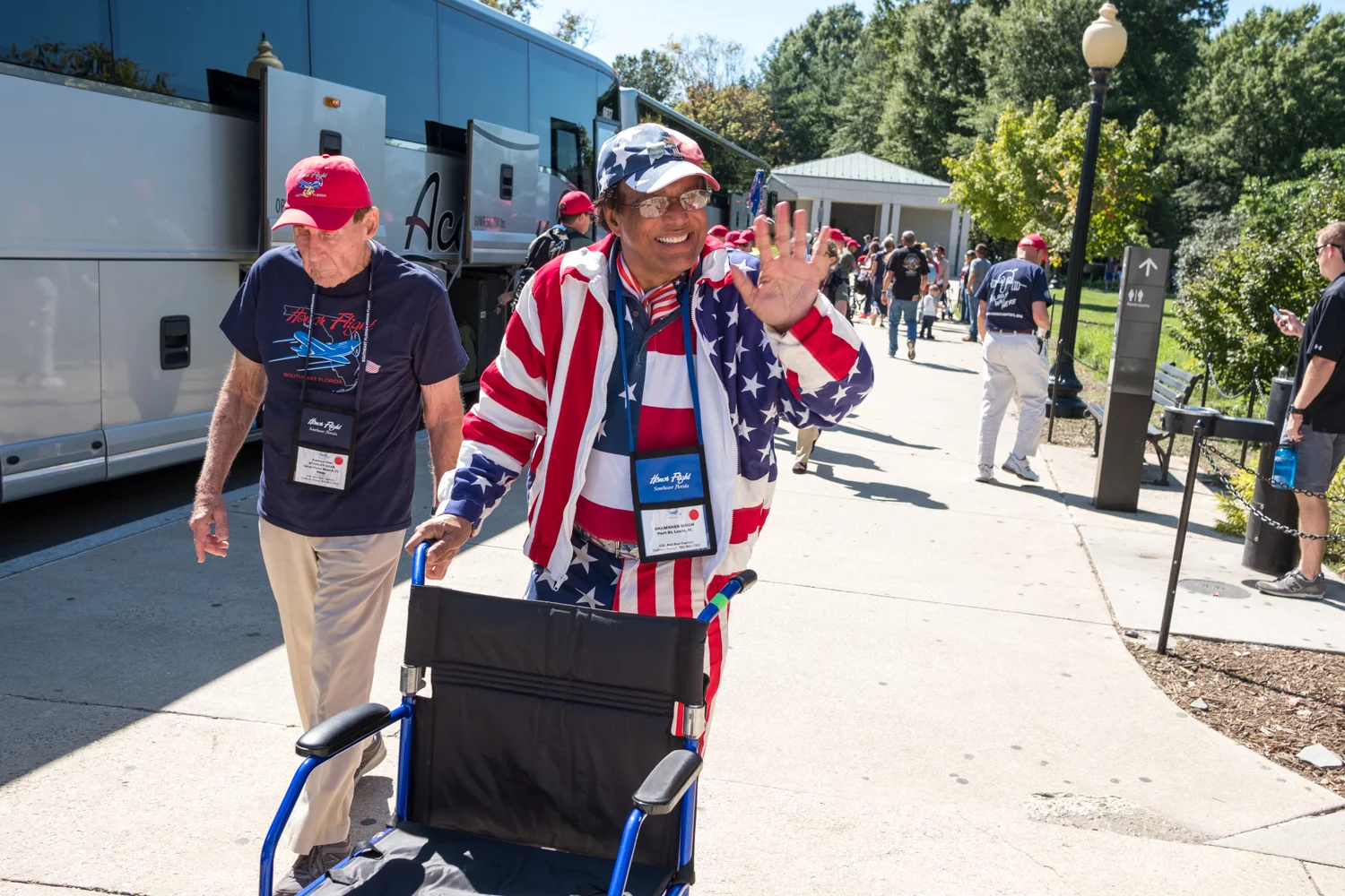 Veterans from Southeast Florida walk towards the World War II Memorial during an Honor Flight event in Washington, D.C. Honor Flight is when veterans from around America visit the memorials on The National Mall.