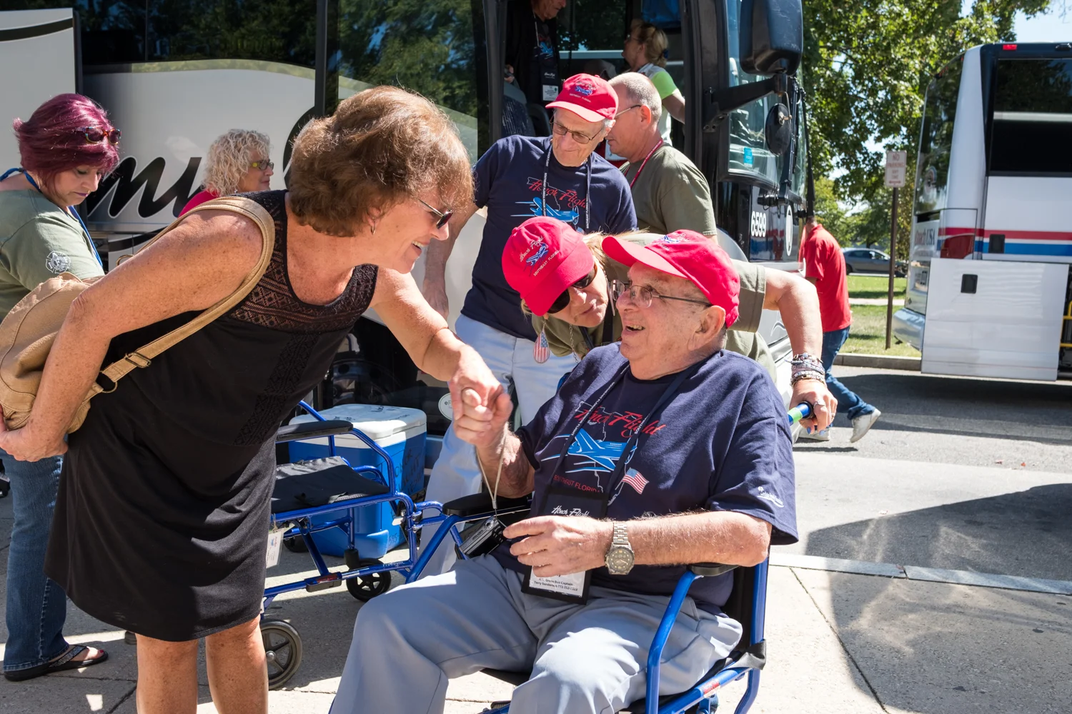 Veterans from Southeast Florida are greeted near the World War II Memorial during an Honor Flight event in Washington, D.C. Honor Flight is when veterans from around America visit the memorials on The National Mall.