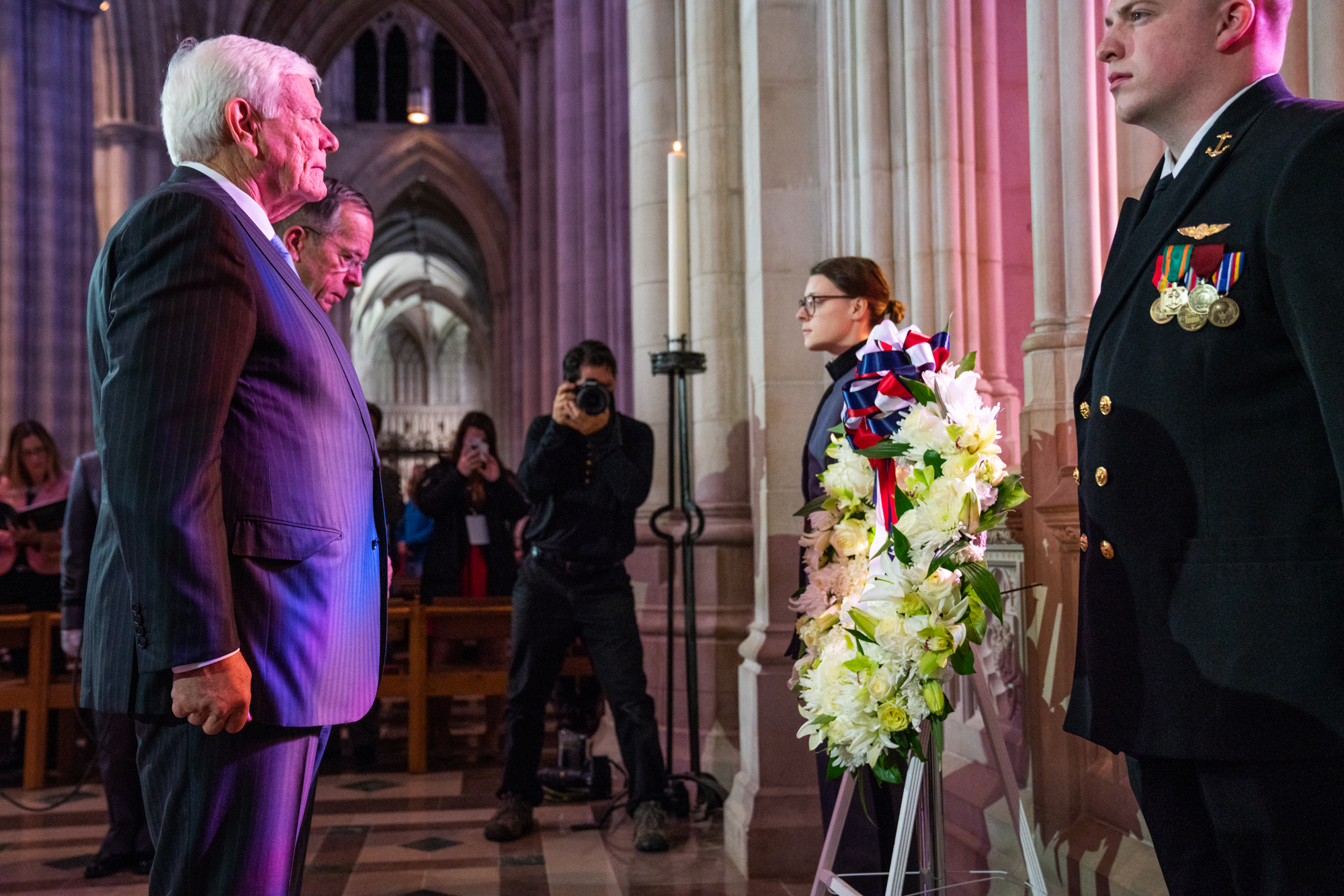  Terry Hamby (left), Commissioner, World War I Centennial, and Admiral Michael G. Muller (center), USN (Ret.), present the centennial wreath. 