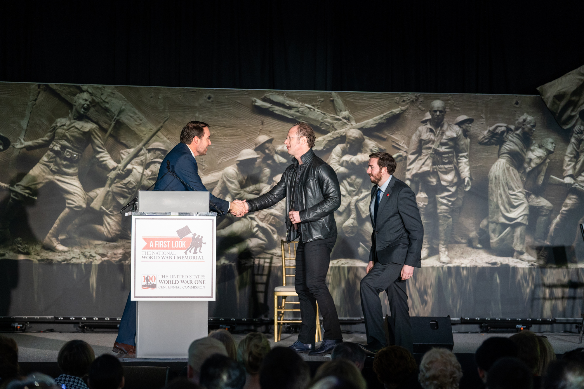  Sculptor Sabin Howard (center) and Architect Joe Weishaar (right) are welcomed during the event by Scott Thuman, Reporter, WJLA-TV, Washington, D.C. 