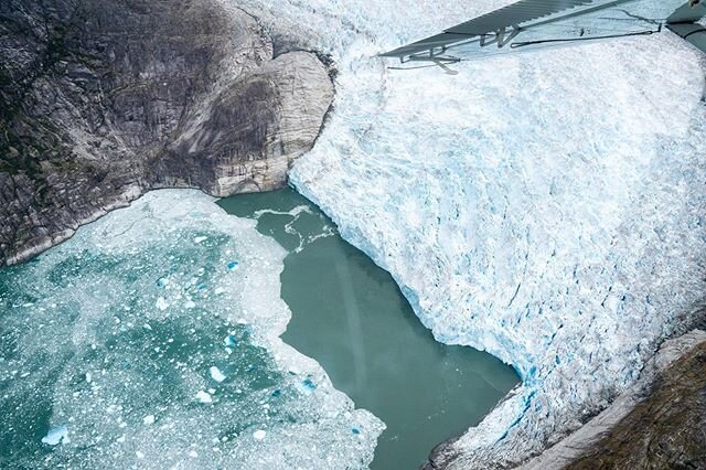 LeConte #Glacier - seen from a float plane - is the southernmost tidewater glacier in #Alaska. As ice calves from its face, it clogs the mouth of the waterway. The perspective from the air shows how this massive river of ice bends around and carves t