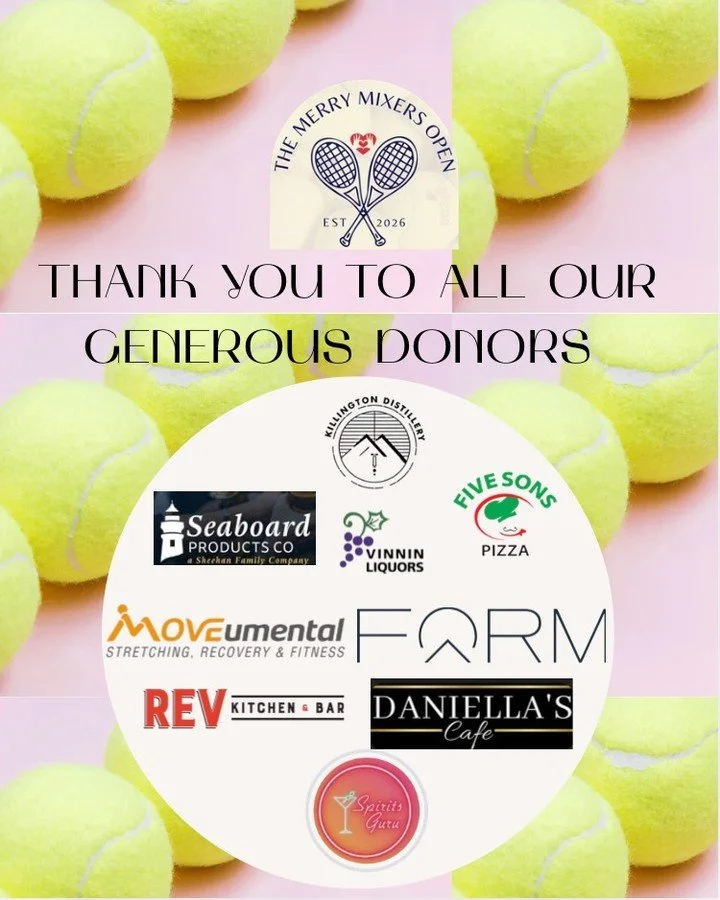 We are lucky to have a great lineup of donors at the inaugural Merry Mixers Open, including: 

🎾 @bassrivertennisclub
🎾 @form01945
🎾 @stillonthemtn 
🎾 @seaboardproducts 
🎾 @vinninliquors
🎾 @moveumental
🎾 @revkitchenandbar
🎾 @daniellascafe 
🎾
