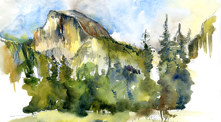HALF DOME AT YOSEMITE , CALIFORNIA, watercolor, COLORED PENCIL