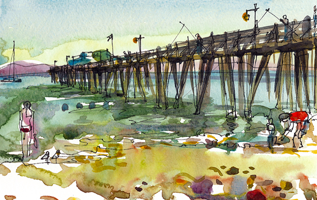   CAPITOLA BEACH PIER ,&nbsp;  CALIFORNIA, &nbsp;watercolor, pen &amp; ink 