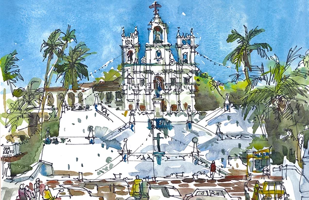 PANJIM CHURCH IN GOA, INDIA, watercolor, pen & ink