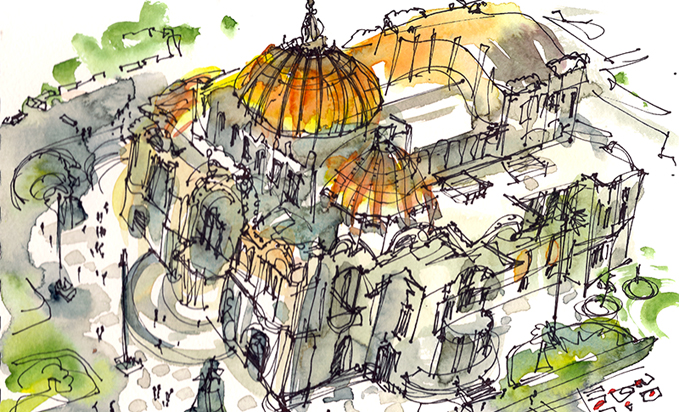   GOLDEN DOME,&nbsp;  MEXICO CITY, &nbsp; watercolor, pen &amp; ink 