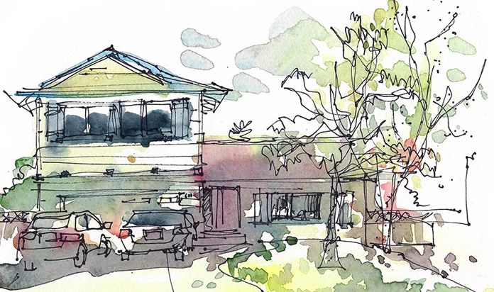 HOME, CALIFORNIA, watercolor, pen & ink