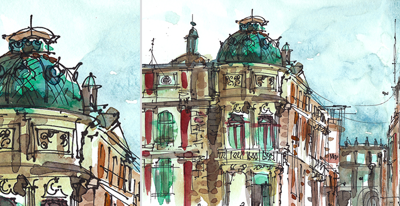   TURQUOISE DOME,&nbsp;  MEXICO CITY, &nbsp; watercolor, pen &amp; ink 