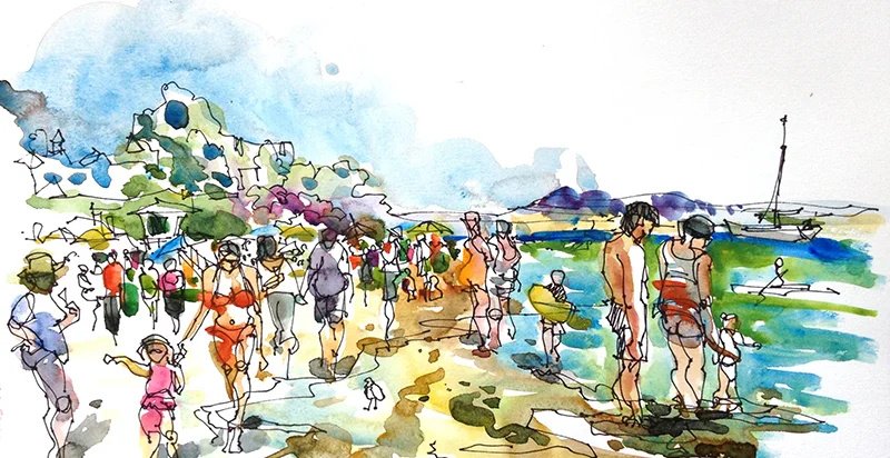 AT THE BEACH , CALIFORNIA, watercolor, pen & ink