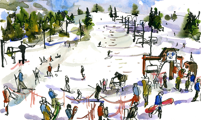   SKI SEASON,&nbsp; watercolor, pen &amp; ink 