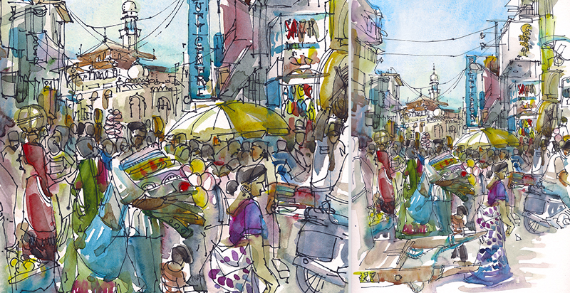   CROWDED STREET IN MUMBAI ,&nbsp;  INDIA, &nbsp;watercolor, pen &amp; ink 