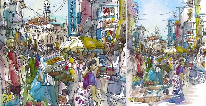 CROWDED STREET IN MUMBAI , INDIA, watercolor, pen & ink