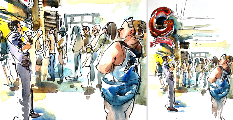  THERE'S ALWAYS A LINE FOR GOOD FOOD ,&nbsp; watercolor, pen &amp; ink 