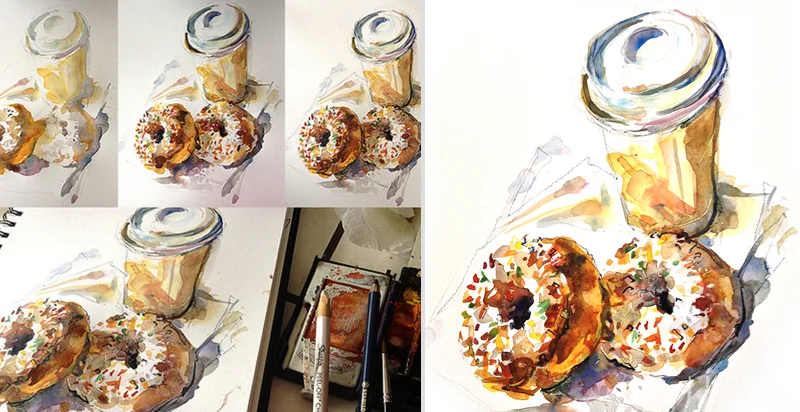 DONUTS AND COFFEE, STEP-BY-STEP, watercolor