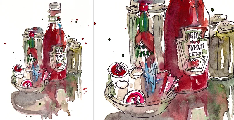 AT THE DINER, watercolor, pen & ink