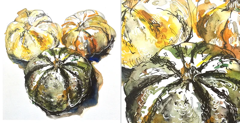 PUMPKINS, watercolor, pen & ink