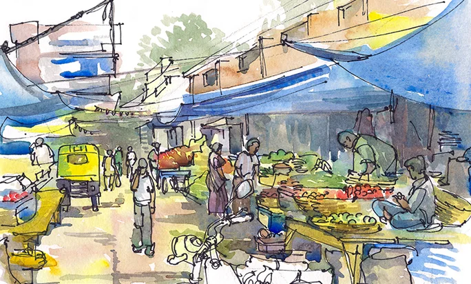 MARKET WITH BLUE TARPS, INDIA, watercolor, pen & ink