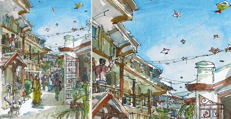 KITE FLYING , INDIA, watercolor, pen & ink