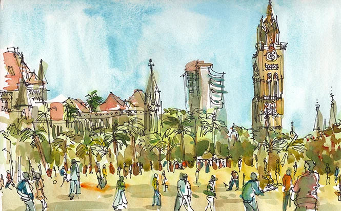 CRICKET AT OVAL MAIDAN, MUMBAI , INDIA, watercolor, pen & ink
