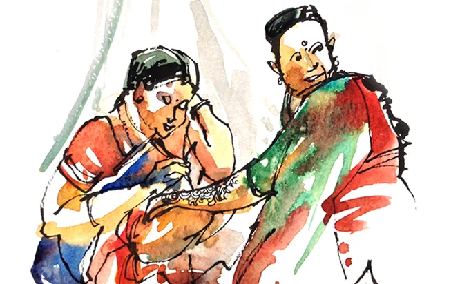 HENNA CEREMONY AT A WEDDING , INDIA, watercolor, pen & ink