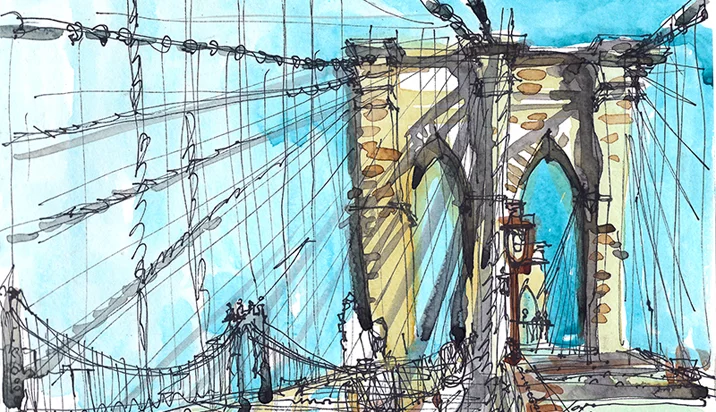 BROOKLYN BRIDGE , NEW YORK, watercolor, pen & ink