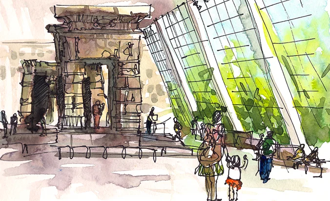 TEMPLE OF DENCUR AT THE MET , NEW YORK, watercolor, pen & ink