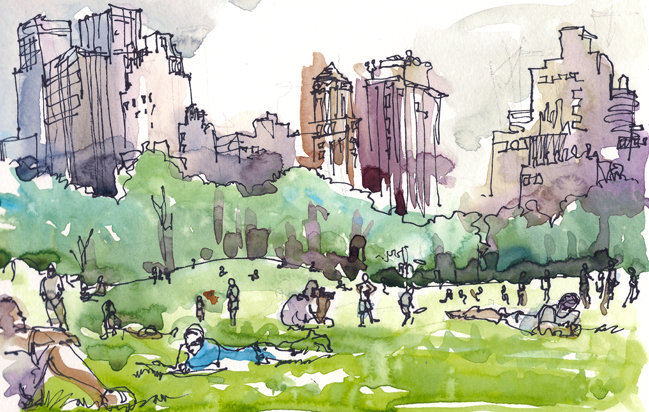   SHEEP MEADOW AT CENTRAL PARK ,&nbsp;  NEW YORK, &nbsp;watercolor, pen &amp; ink 