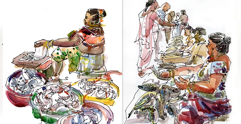 FISHMONGERS, GOA, INDIA, watercolor, pen & ink