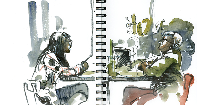   CAFE CONVERSATIONS,&nbsp; watercolor, pen &amp; ink 